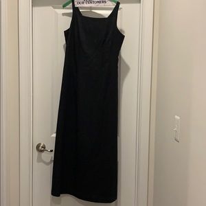 Long black linen dress.